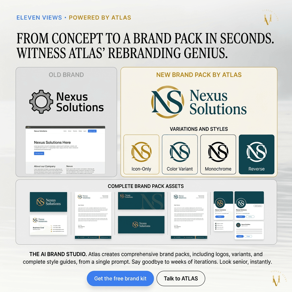 Nexus Solutions before and after rebrand — complete brand pack with logo variants and mockups by Atlas